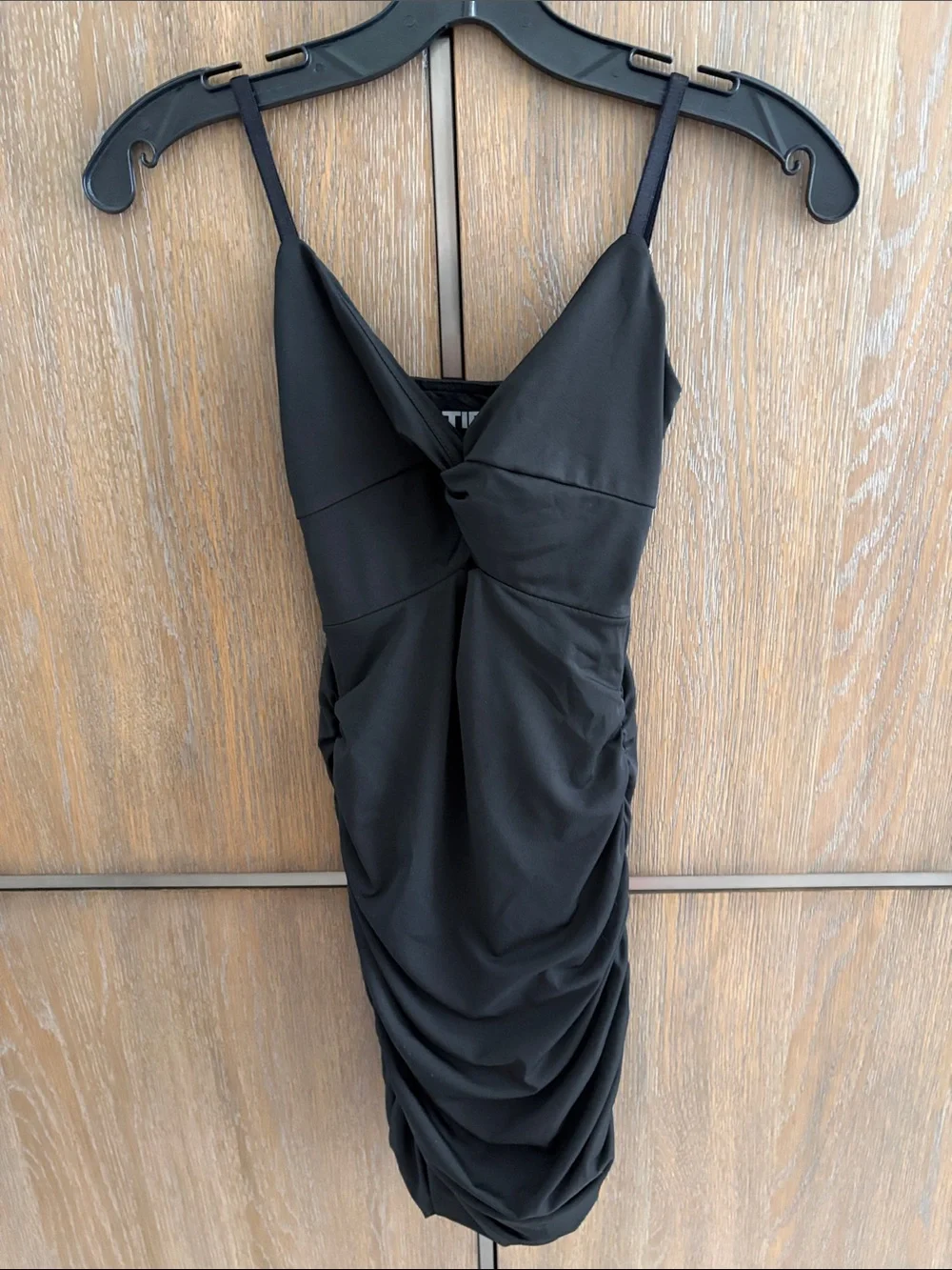 Katie J NYC Black Ruched Spaghetti-Strap Mini Dress